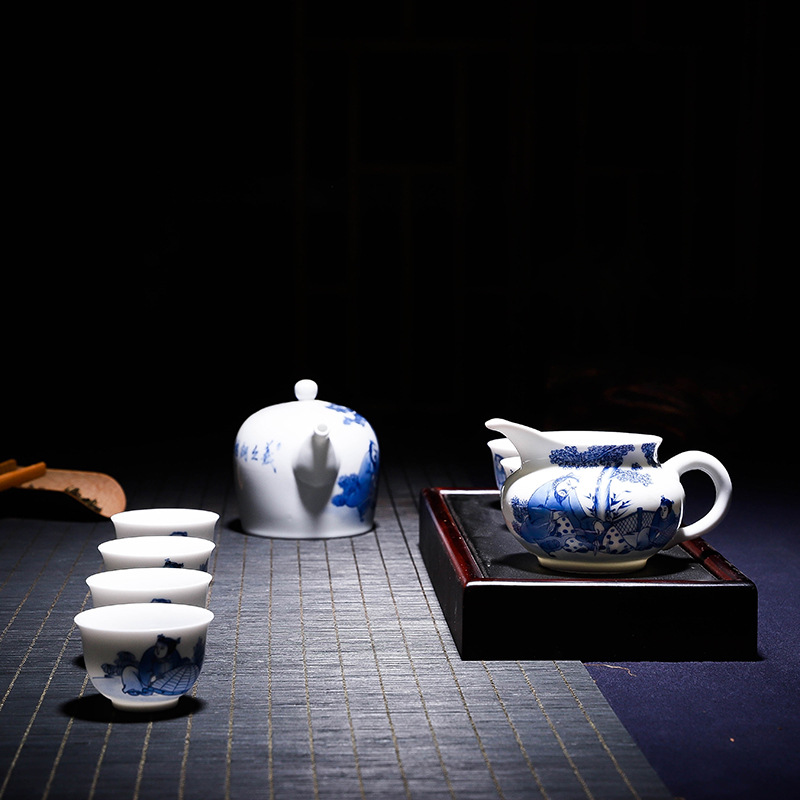 御工坊景德镇纯手工绘制茶具套装青花釉下彩泡茶壶功夫茶具茶壶品