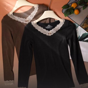 无缝羊毛秋衣秋裤女秋冬V领蕾丝花边保暖套装 修身无痕打底衫裤子