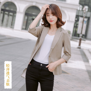 棉麻外套2021夏装新薄款小西装七分袖女装韩版短款西服亚麻外套女