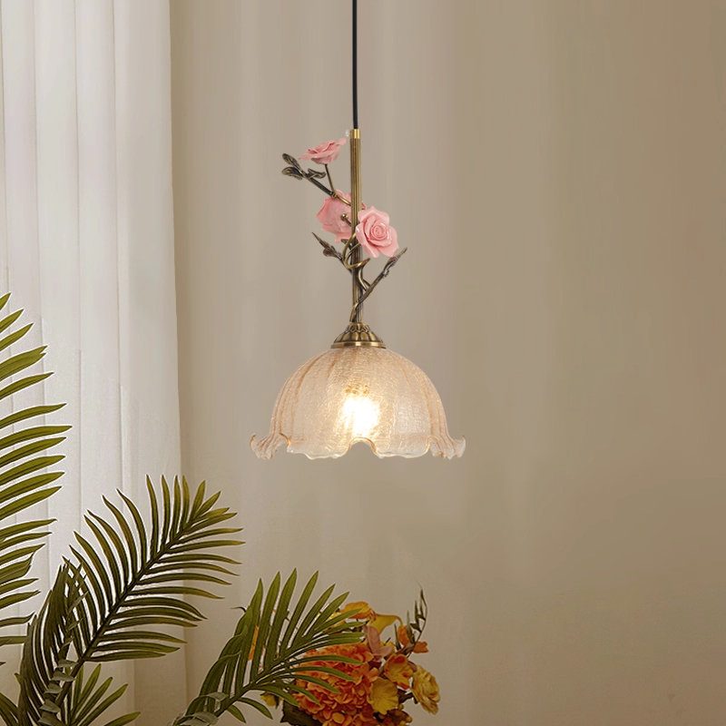 全铜法式陶瓷单头吊灯田园床头vintage中古玫瑰花朵创意玄关过道
