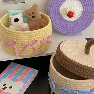 可爱棉线编制收纳筐家居带盖杂物收纳篮桌面防尘摆件收纳篮收纳筐