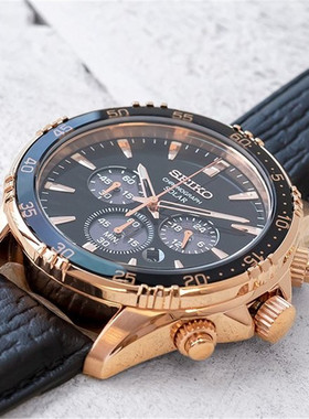 代购精工seiko Chronograph 新款太阳能圆形玫瑰金石英男士手表S
