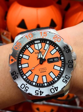 代购Seiko精工5号手表橙色水鬼夜光日本潜防水钢带运动机械男表S