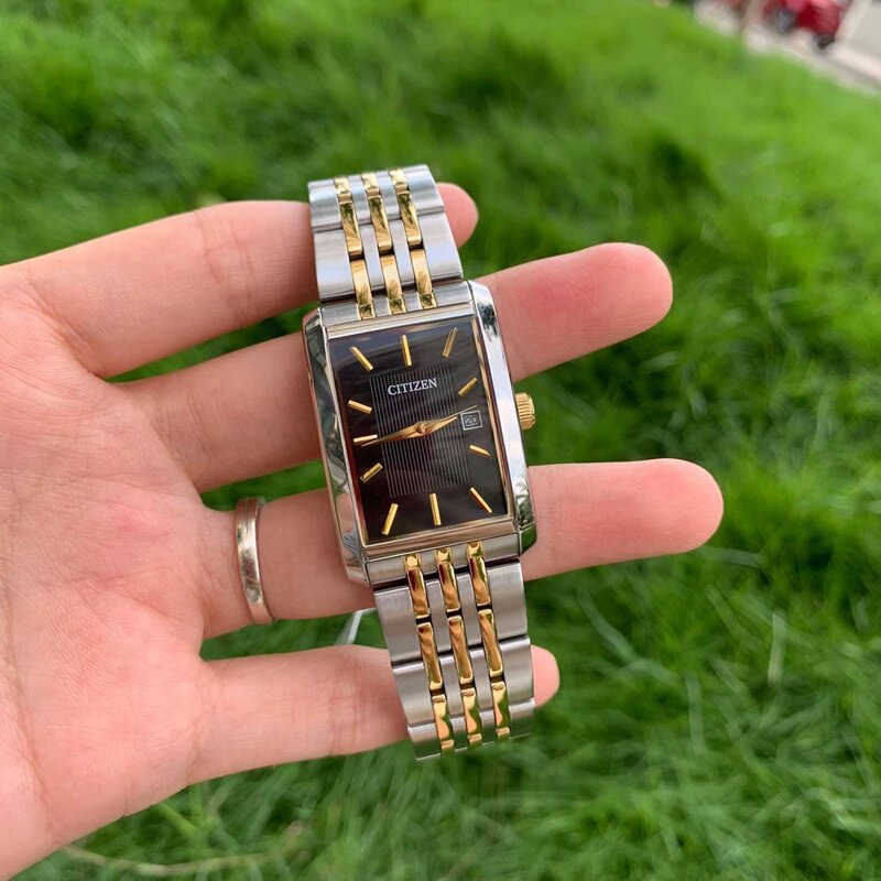 西铁城男表 citizen 间金钢带黑色表盘石英方形手表男 bh1678-56e