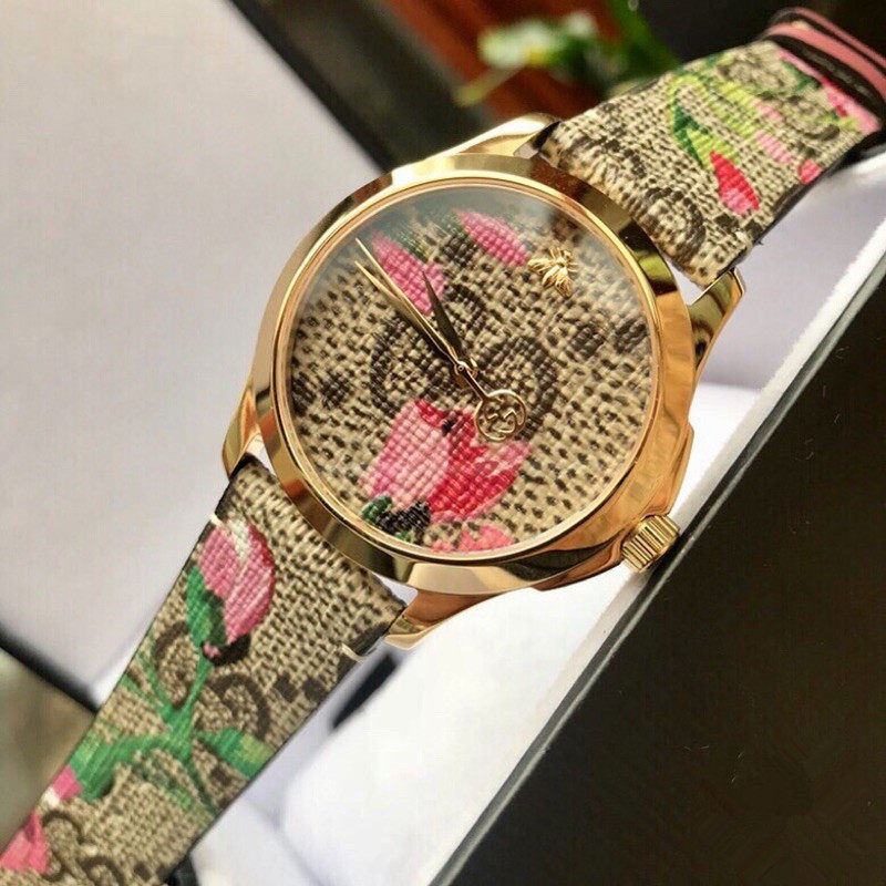 正品代购 GUCCI 古驰天竺葵浪漫粉色花卉皮带石英女表 YA1264038