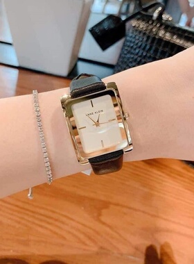 代购ANNE KLEIN 安妮克莱因简约黑色皮表带方形女士手表 AK/2706