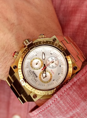 代购mulco手表 BUZO 三眼计时46mm表盘时尚金色钢带石英男士欧美