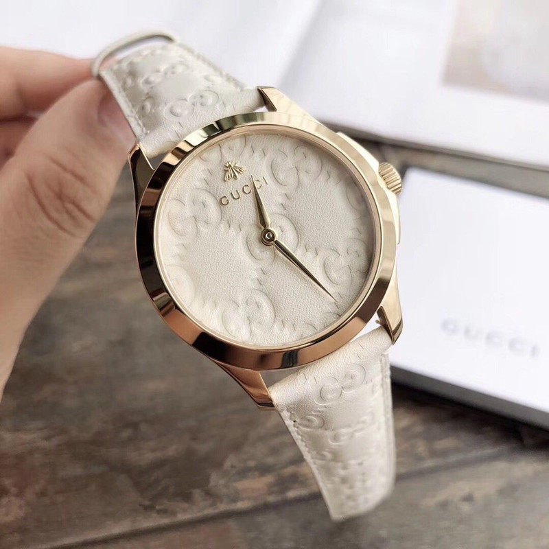 代购正品 GUCCI G-Timeless 古驰米白色简约时尚双G印花皮带石英