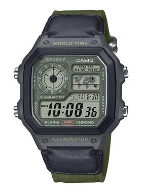 代购卡西欧男女腕表世界时计时闹钟夜光皮带防水LED灯军绿色户外