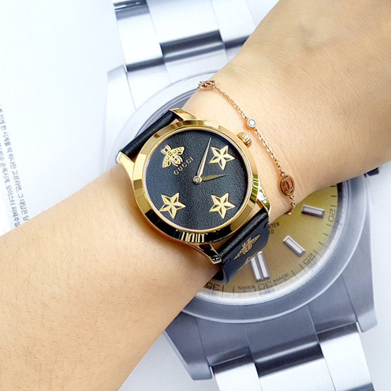 代购代购正品 GUCCI 古驰黑金经典小蜜蜂星星图案石英女表 YA126