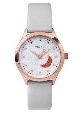 代购Timex天美时女士腕表夜光防水星座精准皮带玫瑰金灰色32mm