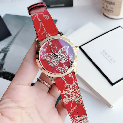 Gucci古驰红色蝴蝶表盘女表