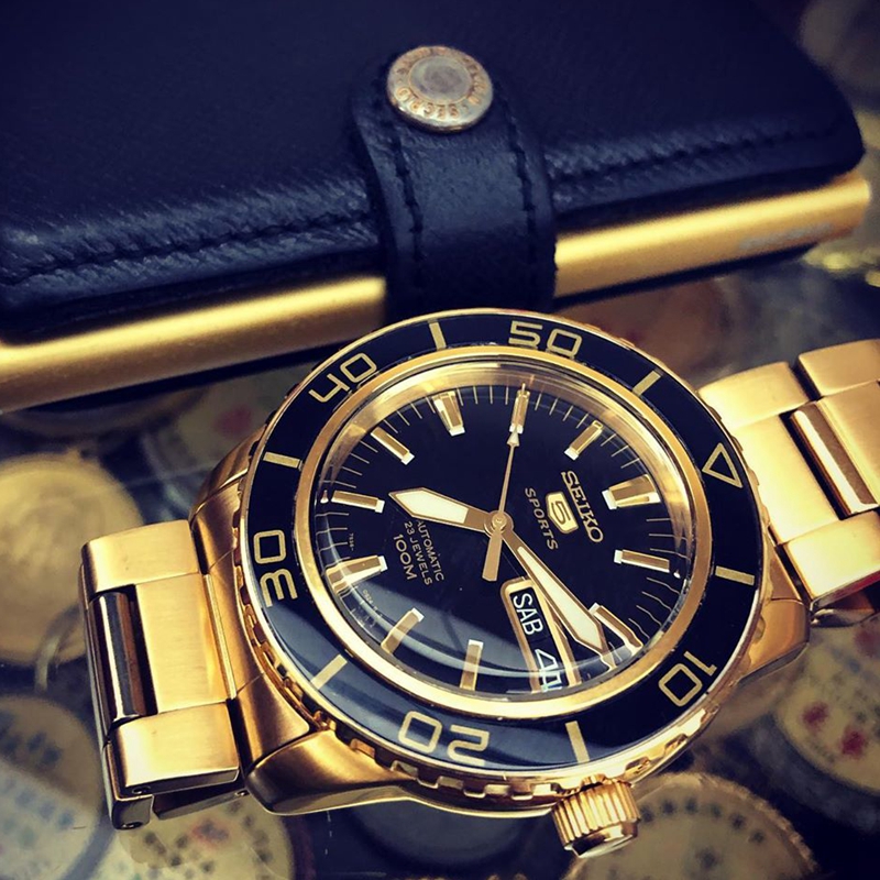 正品精工手表Seiko 5黑金钢带运动自动机械男士夜光背透日韩腕表