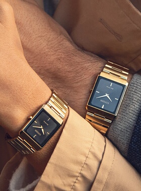 代购Citizen西铁城方形情侣表Eco Drive光能金色钢带黑色表盘男