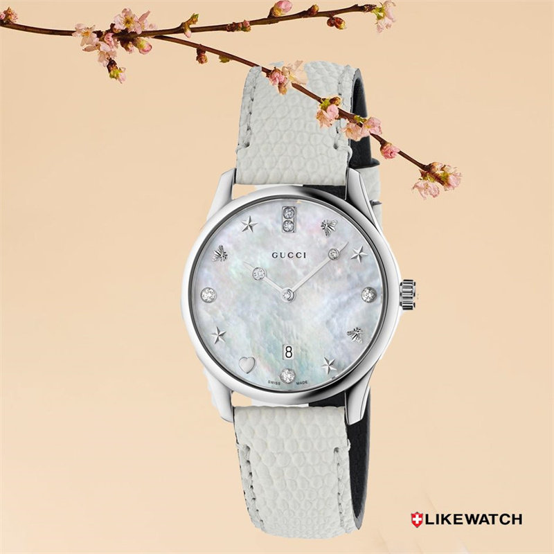 代购正品Gucci 古驰简约时尚珍珠贝母表盘蓝宝石石英女士手表YA1