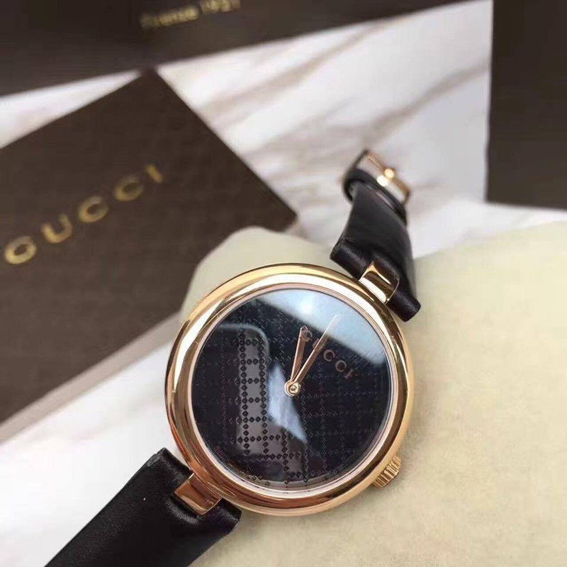 代购代购正品 GUCCI 古驰玫瑰金简约黑盘镶钻气质石英女表 YA141