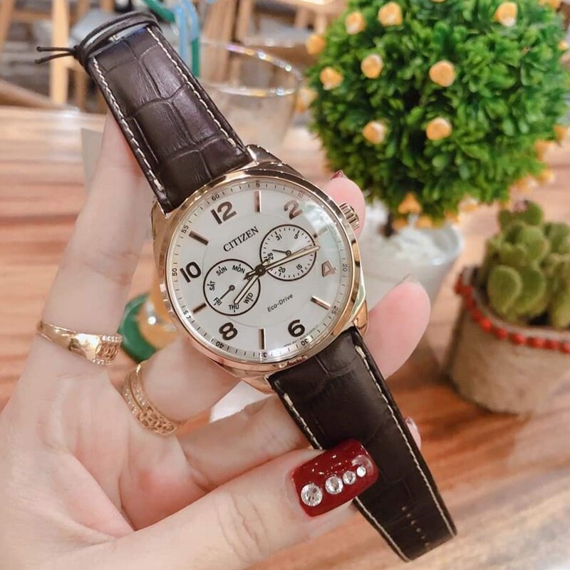 代购代购西铁城 Eco-Drive 银色表盘棕色休闲皮带男士手表 AO902