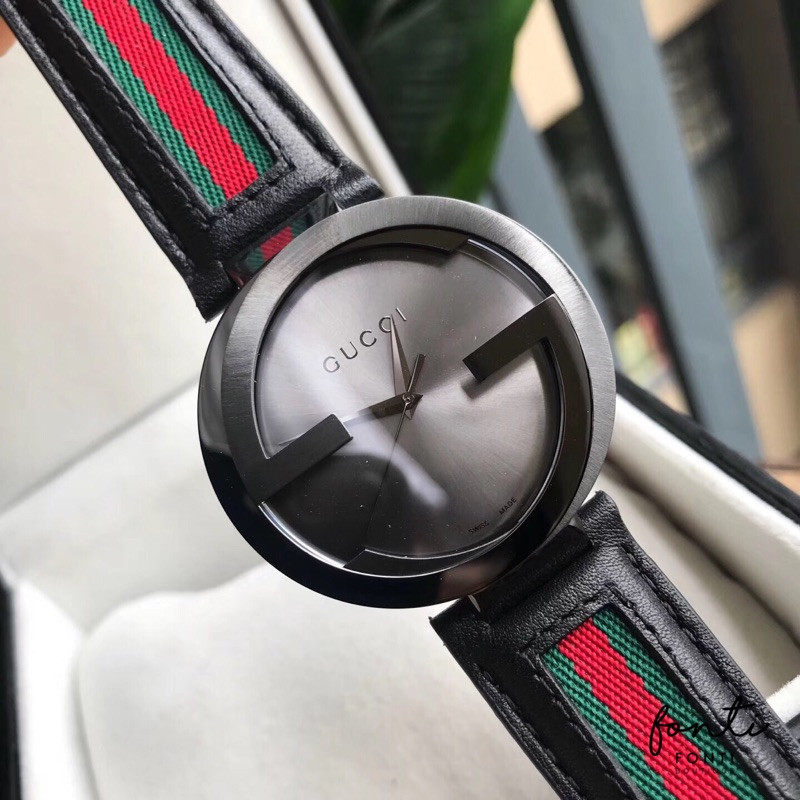 代购代购正品 GUCCI 古驰经典双G黑色红绿撞色帆布带石英男表YA1