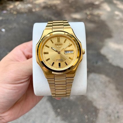 正品 SEIKO 日本精工5号男表 金色自动机械钢带夜光手表 SNKK52