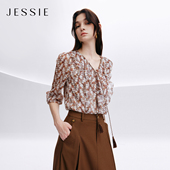 雪纺衫 JESSIE艺术感印花荷叶边V领长袖 女秋新款 商场同款