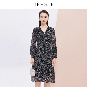 【商场同款】JESSIE法式气质荷叶边V领显瘦长袖印花连衣裙女秋款