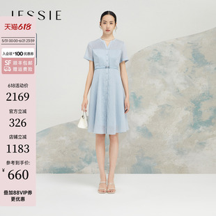 【商场同款】JESSIE设计感气质中长款系带收腰短袖连衣裙夏款