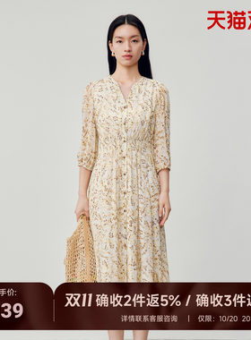 桑蚕丝连衣裙V领泡泡袖