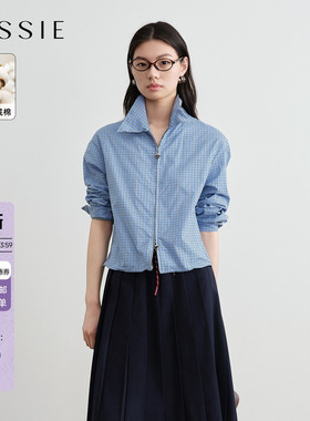 【100%棉】JESSIE蓝色清新格纹衬衫外套女短款双拉链25年秋冬新款