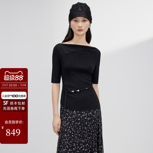 JESSIE新款套头女士毛衣针织衫职场修身型淑女一字领五分袖通勤风