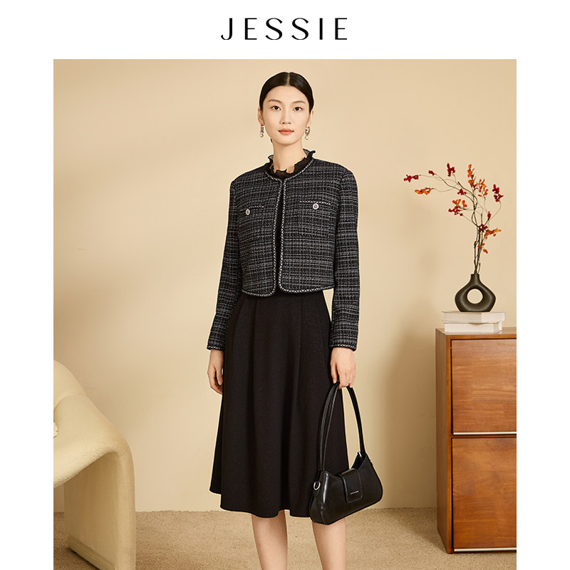 JESSIE木耳边领格纹拼接假两件连衣裙女冬小香风通勤显瘦长裙
