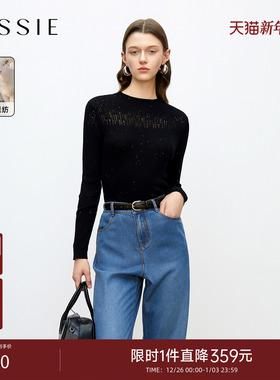 JESSIE黑色修身细闪镂空长袖绵羊毛打底衫女半高圆领25年秋季新款