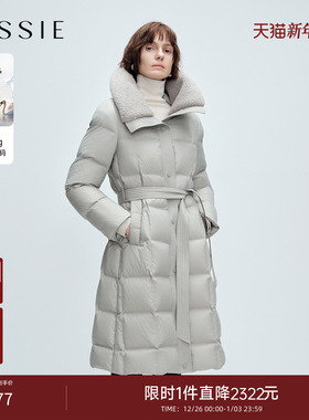JESSIE量感毛领羽绒服外套女冬季新款灰色系带收腰抗皱耐磨鹅绒服