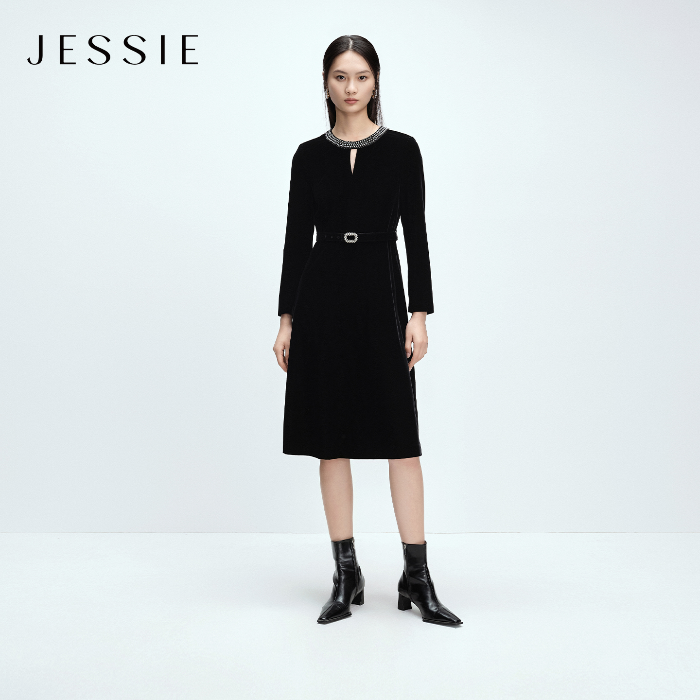 JESSIE千金风钉珠收腰丝绒连衣裙