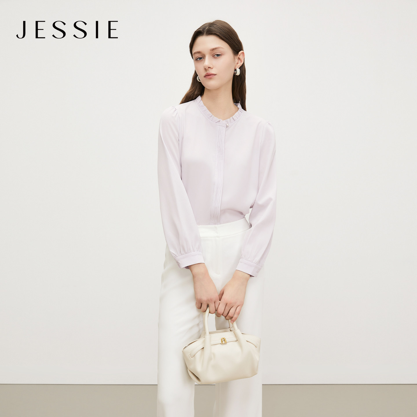 JESSIE春季气质优雅木耳荷叶边衬衫女百搭长袖圆领上衣