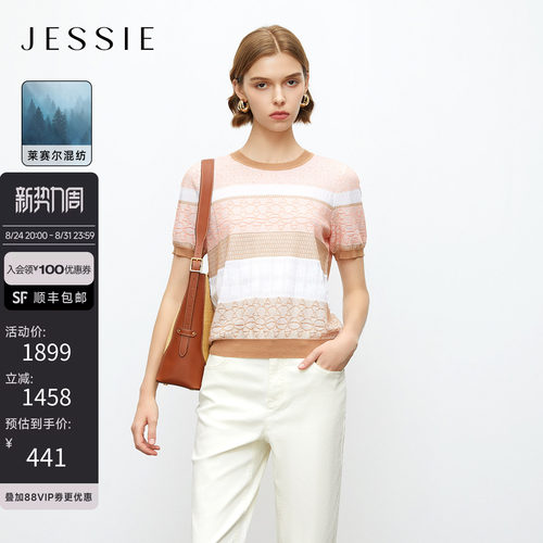 JESSIE撞色条纹莱赛尔短袖针织衫