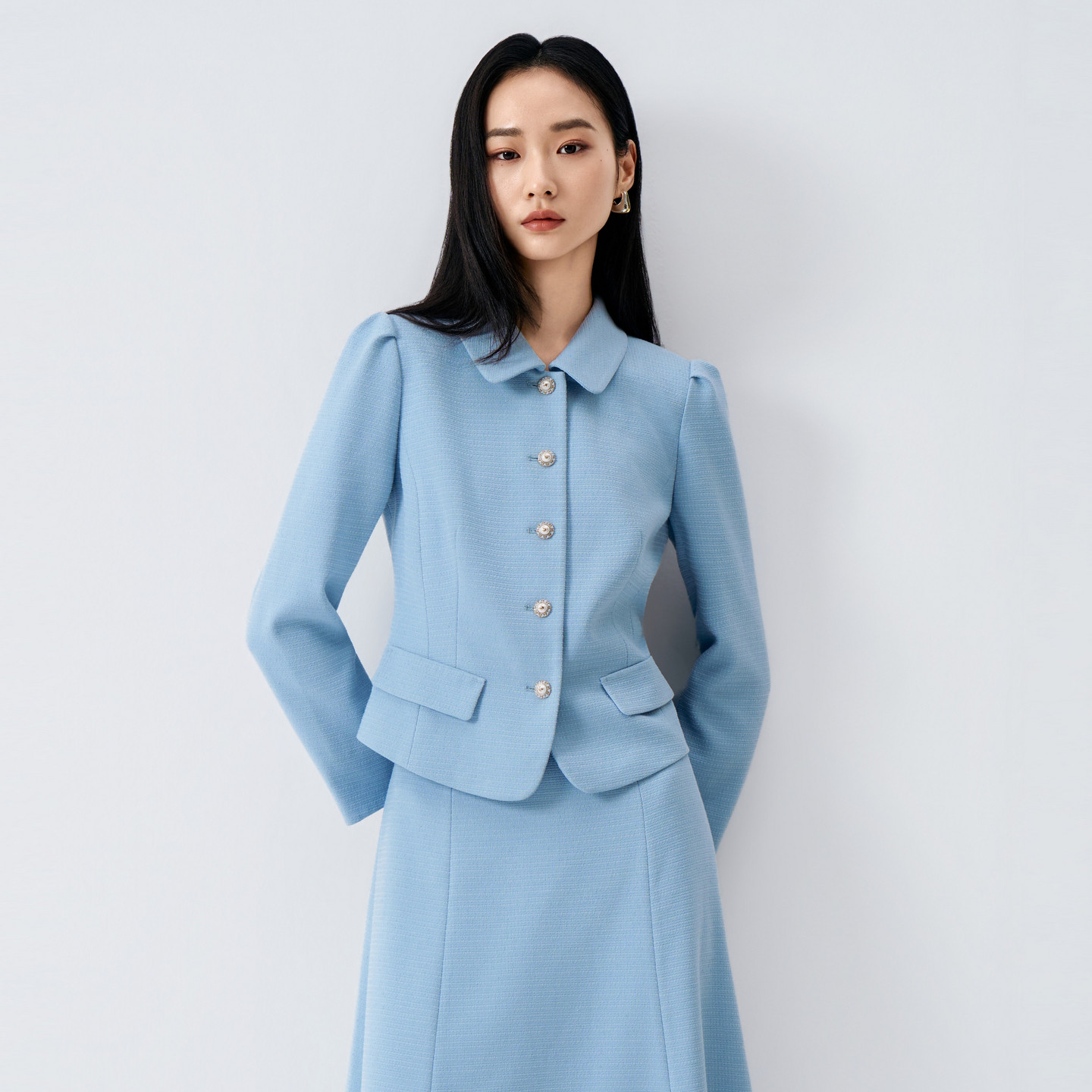JESSIE蓝色千金风娃娃领26秋巨好看泡泡袖长袖女短外套半身裙套装