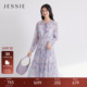 JESSIE知性优雅紫色晕染印花雪纺连衣裙女春季 收腰显瘦蛋糕裙 新款