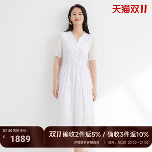 JESSIE2026夏季纯白镂空绣花A字裙莱赛尔透气显瘦五分袖仙女长裙