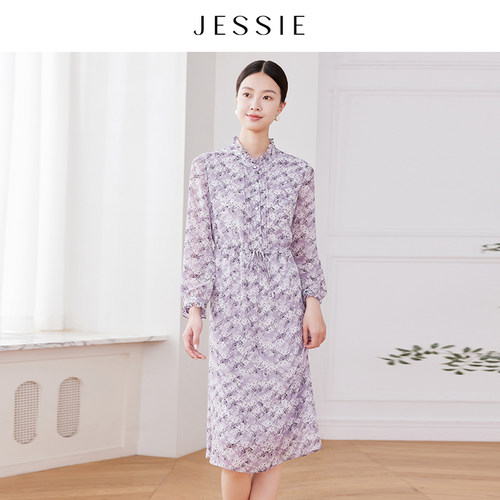 JESSIE木耳边立领印花雪纺连衣裙