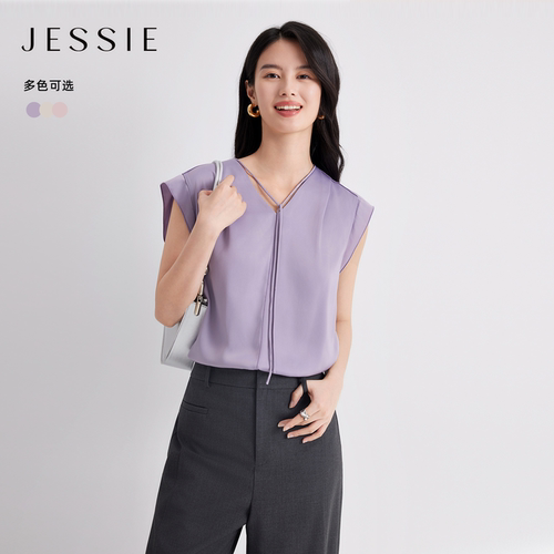 JESSIE法式系带V领荷叶袖雪纺衫