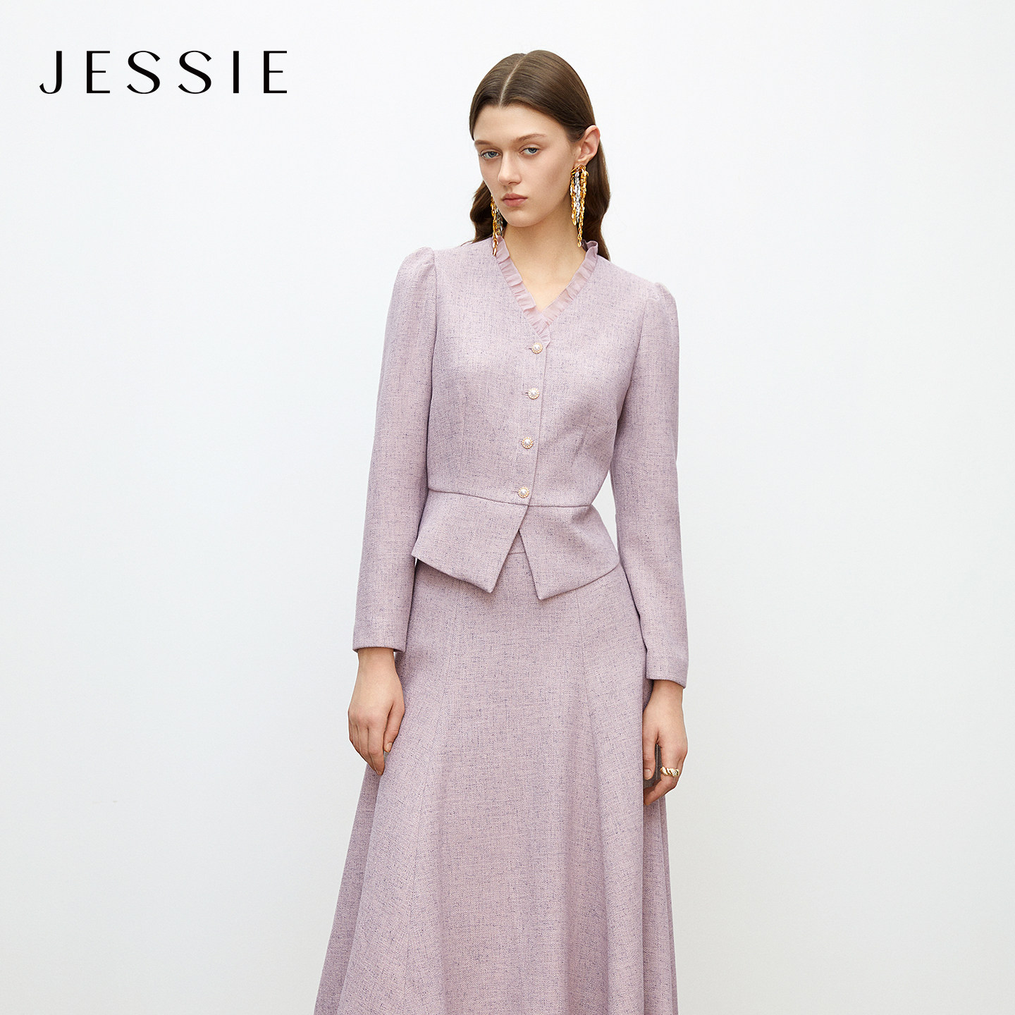 JESSIE春季小香风花边领短外套女长袖单排扣V领收腰剪裁