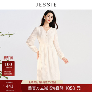 JESSIE气质浪漫蕾丝连衣裙女春季新款花边V领中长款长袖裙子