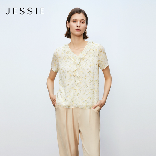 JESSIE碎花V领荷叶边短袖上衣女