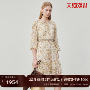 JESSIE碎花连衣裙2026夏新款七分袖收腰蛋糕裙通勤气质短款女裙