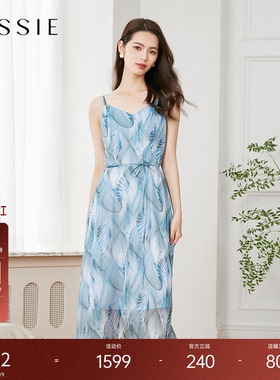 JESSIE26年春夏波嬉风印花V领度假连衣裙女款清新沙滩假日吊带裙