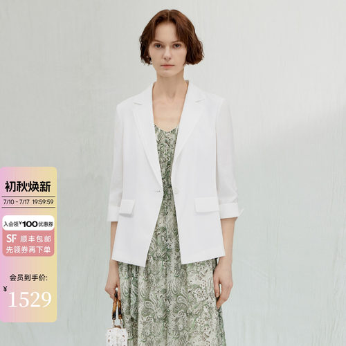 莫代尔西装领白色七分袖短外套女