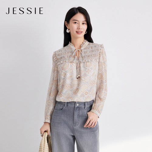 JESSIE复古腰果印花系带小上衣女
