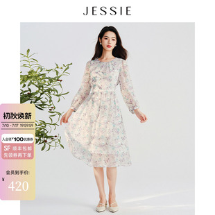 JESSIE浪漫素雅印花圆领中长款连衣裙女春款长袖雪纺裙子