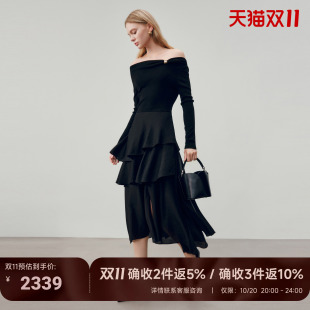 JESSIE秋季一字领羊毛连衣裙女聚会收腰不对称荷叶边黑色A字长裙
