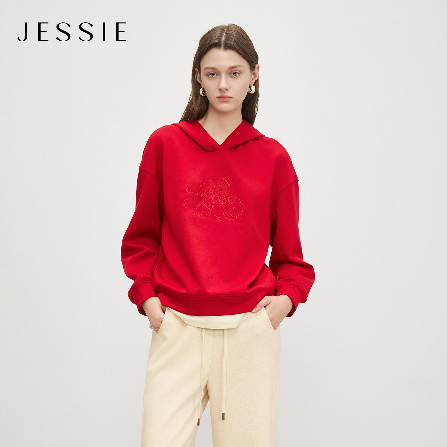 JESSIE春季红色休闲长袖连帽卫衣女绣花假两件拼接落肩袖